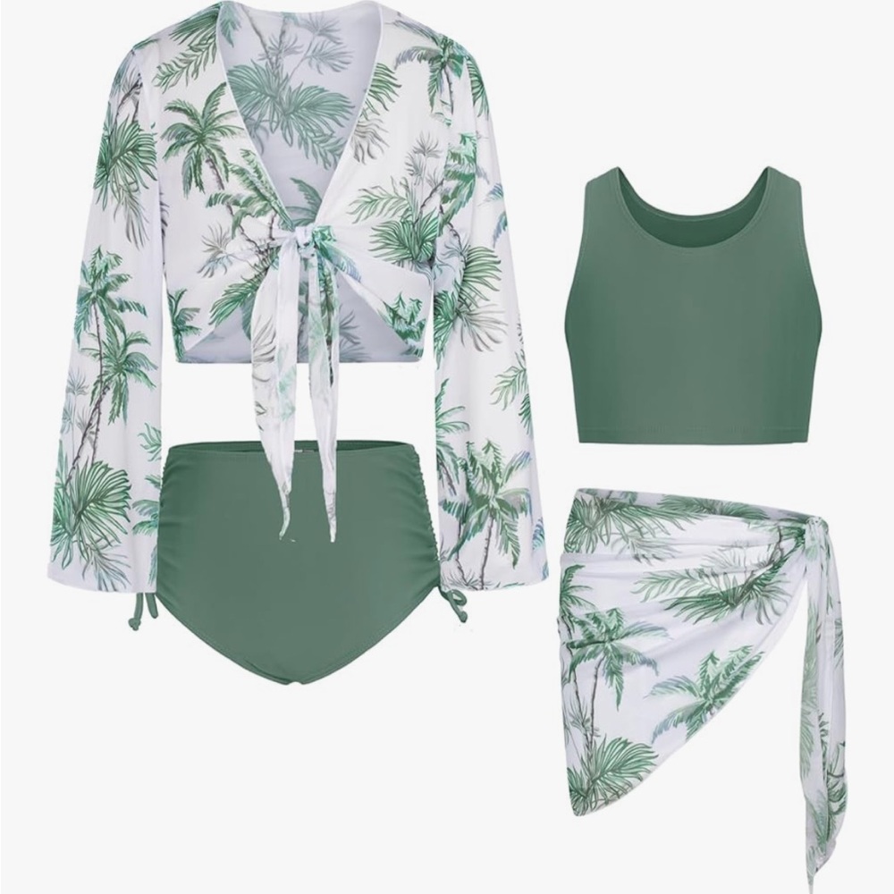 Grace Karin Kids Swim Bikini Set in Green and White